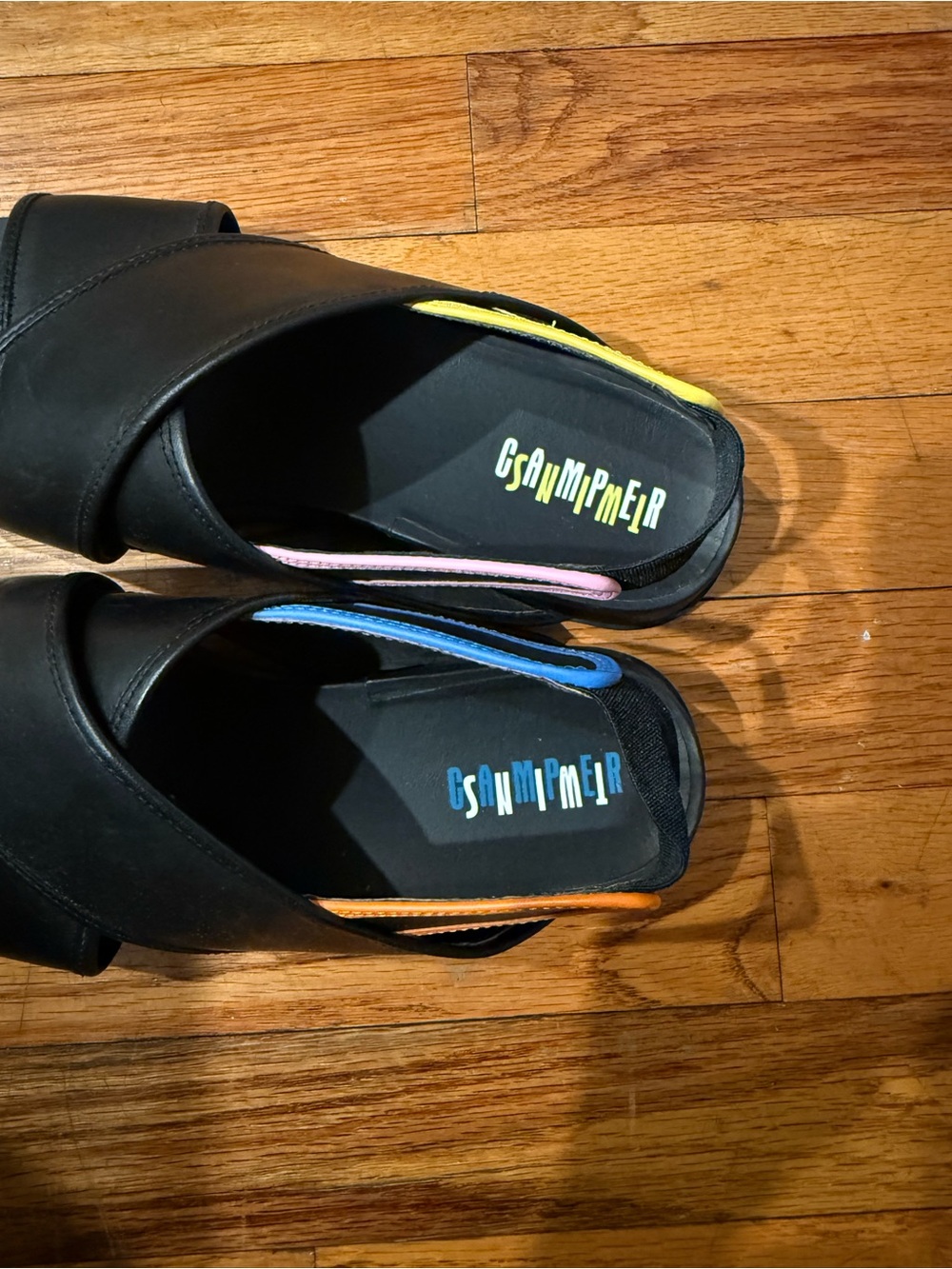Camper Twins Black Leather Cross-Strap Slingback with Multicolor Heel Tabs - Picture 3 of 4